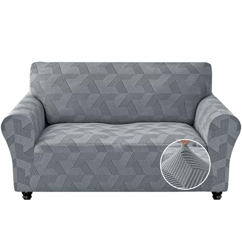 JIVINER 1 Piece Couch Cover for 2 Cushion Couch, High Stretch Loveseat Covers with Elastic Bottom, Washable Sofa Slipcovers for Dog, Pets Feature Geometrical Jacquard Fabric (Loveseat, Light Grey)