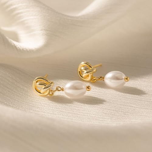 Pearl Earrings-14K Gold Plated Dainty Pearl Huggie Small Hoop Drop Dangle Earrings for Women Bridal Bridesmaids Elegant Wedding Jewelry4
