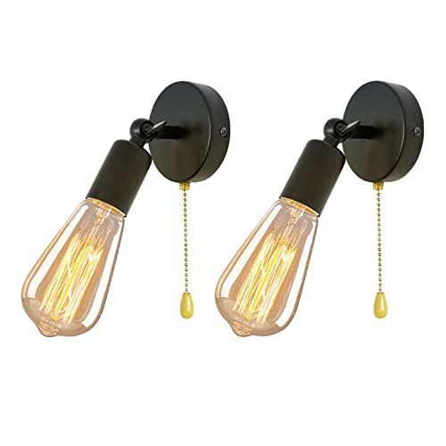 ANKBOY Verstellbare Lampe Wand mit Zugschalter 2 Stück E27 Retro Drehbare Wandleuchte Wandspot Mit Schalter Schwarz Wandlampe Metall Industrielle für Restaurant Loft Schlafzimmer (Ohne Leuchtmittel)