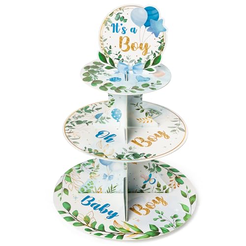 ANGOLIO It's a Boy Baby Shower Cupcake Stand Watercolor Blue Boy Baby Shower Cake Stand Cardboard Dessert Tower 3 Tiered Dessert Cake Table Displays for Boy Baptism Gender Reveal Party Decor Supplies
