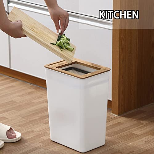 Doxiglobal 2Pcs Slim Plastic Trash Can Set Wastebasket With Wood Lid Rectangular Waste Bin Small Garbage Container White For Home Office Bathroom Kitchen- 2 Gal+2.4 Gallon #TOP6