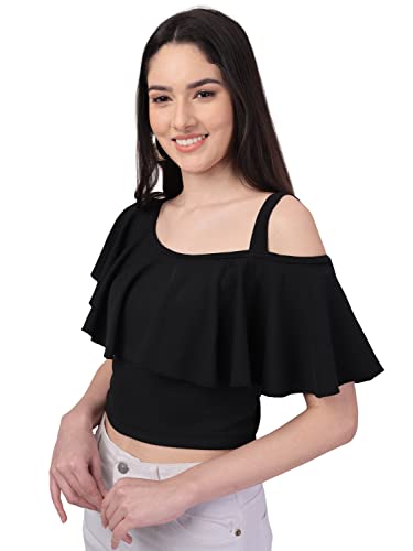 Image of Mehrang Women's Casual Solid Flared Crop Top Round Neck Stretchable Blend for Women /Top for Girls