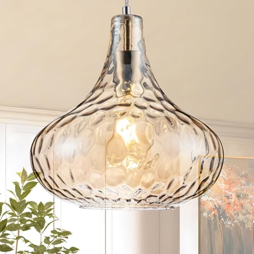 KOKAiZeeKi Amber Glass Pendant Light - 11-Inch Hammered Glass Ceiling