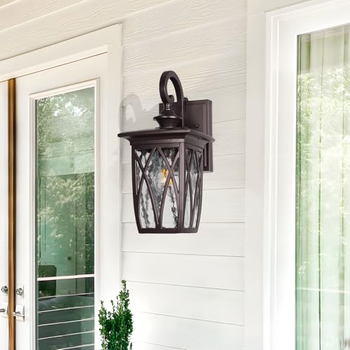 Image of Dusk to Dawn Outdoor Wall Light Fixtures,18'' Outdoor Porch Sconces Lighting , Waterproof Wall Lanterns with E26 Sockets & Water Ripple Glass, Modern Oil Rubbed Bronze Outside Lights for Patio, Garage