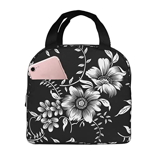 XVBCDFG Bolsa de almuerzo negra con flores para oficina al aire libre, papel de aluminio portátil, aislamiento grueso y bolsa Bento para mantener fresco
