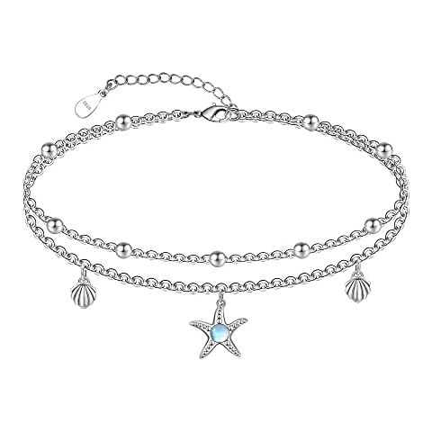 CHIC & ARTSY Starfish Anklet 925 Sterling Silver Starfish Anklets for Women Cute Starfish Anklets Womens White Ankle Bracelet Adjustable Layered Anklet Jewelry Cover