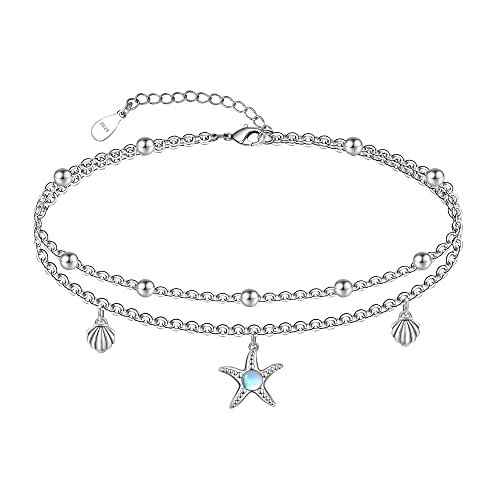 Image of CHIC & ARTSY Women Anklets S925 Sterling Silver Cute Animal Layered Anklet Bracelet Adjustable Multilayer Beach Anklet Bracelet Summer Foot Jewelry Cable Chain 10-11 Inches
