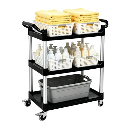 Image of 3 Tier Heavy Duty Rolling Utility Cart with Strong Wheels and Handle 500lbs Load Capacity Plastic Serving Cart for Food Commercial Garage Restaurant Kitchen, Black Storage Shelf