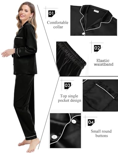 SWOMOG Couples Matching Silk Satin Pajamas Set Long Sleeve Sleepwear Soft Button Down Loungewear 2 Pcs Pj Set(Women Black Small)
