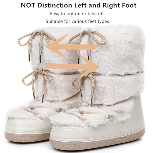 Faux Fur Snow Boots for Women,Furry Fuzzy Fluffy Womens Boots Lace-up Winter Warm Fur Lined Mid-Calf Non-Slip Ski Boots (beige, Adult, Women, 8, Numeric Range, US Footwear Size System, 9, Medium)