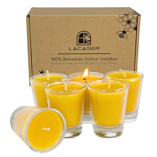 Pure Beeswax Votive Candles in Glass Cup, 6 Pack Bulk Bees Wax Candles for Home, Natural Honey Scent, Bee Themed Gifts for Bee Lovers, Burning Time 12 Hours, Natural Yellow