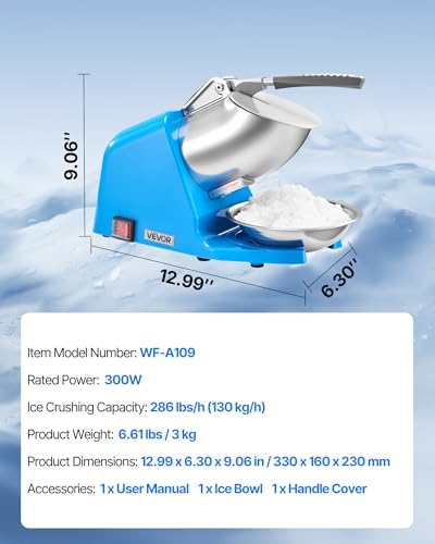 Image of VEVOR Ice Crusher Machine, 286lbs Per Hour Electric 4 Blades Snow Cone Maker, Stainless Steel Shaved Ice Machine with Bowl and Cover, 300W 2000RPM Ice-Shaver for Home and Commercial Use, Blue