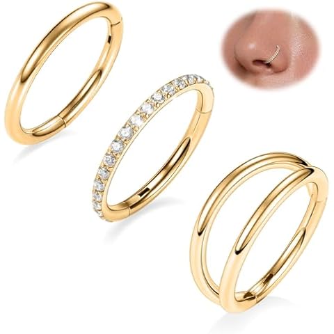 FUNLMO Gold Septum Ring Double Nose Ring 20G Septum Jewelry Conch Daith Tragus Helix Rook Piercing Jewelry 8mm Nose Rings Hoops Surgical Steel Cartilage Earring Cover