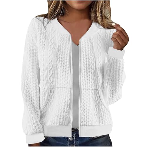 Cardigan Sweaters for Women UK Full Zip Jacket Long Sleeve Sweatshirt with Pockets Cable Knit Coat Lightweight Elegant Fall Outfits Casual Pullover Bolero Ladies Jacket Coat for Daily White
