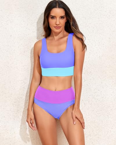 Womens High Waisted Bikini Set 2 Piece Color Block Swimsuits Sporty Full Coverage Bathing Suit Teens Girls3