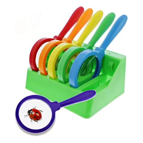 Get Out! Magnifying Glasses for Classroom - 6 Pack Shatterproof Hand Held Magnifying Glass for Students with Stand- Preschool Class Set of Lightweight Plastic Plant Leaf and Insect Magnifier Glass Cover