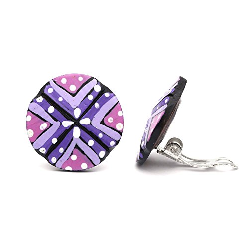 Idin Jewellery - Cruz púrpura con puntos blancos y flor de coco Shell botón clip en pendientes Cover