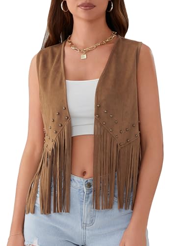 Women Tassel Vest 70s Hippie Faux Suede Rivets Sleeveless 
