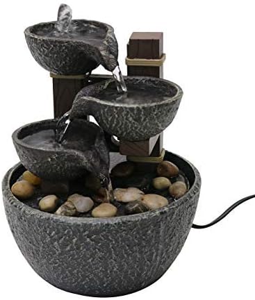 7" H Tiered Rock Bowl Tabletop Water Fountain with Natural River Rocks (Power Cord Attached)