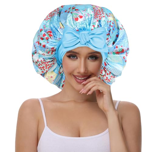 Vettres Hair Bonnet for Sleeping Satin Lined Sleep Cap Double Layer Silk Head Wrap for Curly Natural Hair Strawberries Blue Plaid — view 2