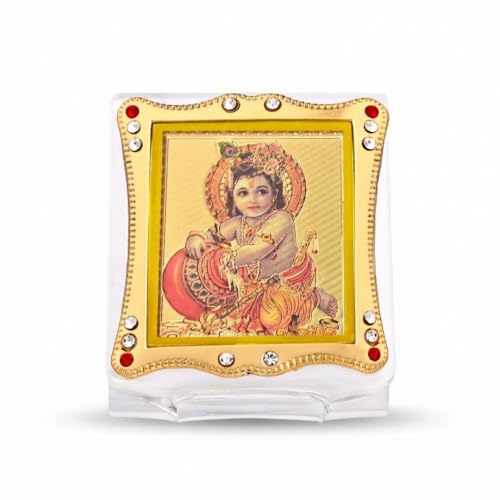 Image of Gopal Krishna Idol for Car Dashboard Showpiece Decor Golden Foil (Plated) Religious Frame for Pooja, Prayer and Gift