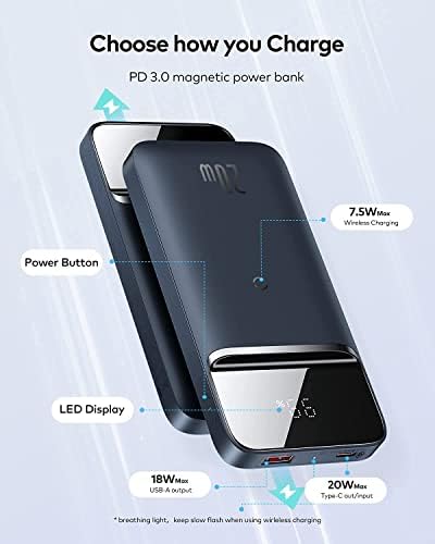 Baseus Magsafe Power Bank, 10000 mAh Magnetic Power Bank, 15 W Wireless and PD 20 W Fast Charging USB-C, LED Display, Portable External Battery Pack for iPhone 14/13/12 Series