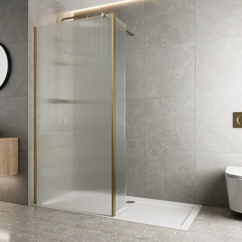Baystone 900mm Wet Room Shower Screen Panel 8mm Fluted Toughened Safety Easy Clean Glass Walk in Shower Enclosure + Hinged Return Panel, Frameless, Brushed Brass