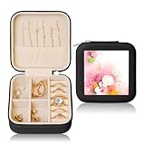 Joyero de cuero cuadrado negro – Caja de almacenamiento portátil de papel de fragmentos de color para anillos, aretes, collares y pulseras