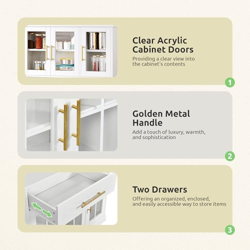 GOOBED 71" Pantry Cabinet with Power Outlet, Tall Kitchen Pantry Storage Cabinets with Microwave Stand, Farmhouse Kitchen Hutch with Drawers, Hook, Door and Shelves for Home Living Dining Room, White