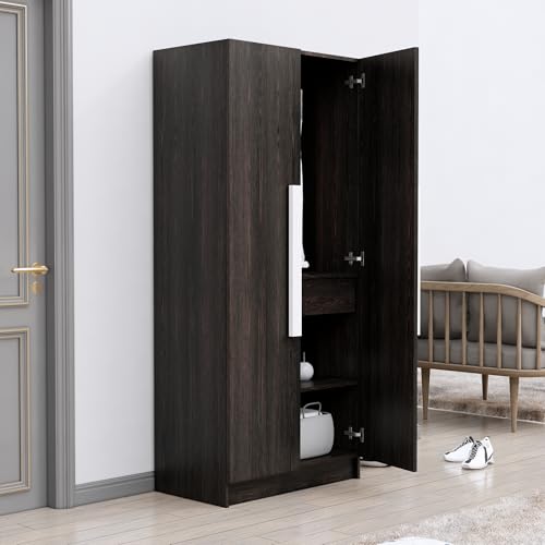Image of Bniture 2 Door Wooden Wardrobe for Bedroom | Almirah for Clothes with 4 Shelves, Engineered Wood Wardrobe for Clothes | Cupboard for Bedroom (46D x 80W x 182H CM) | 3 Years Warranty (Frosty White)