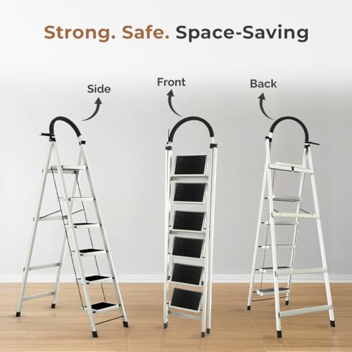 Image of HomeEssentials Foldable Ladder for Home | Heavy-Duty Steel with Large Platform | Wide Non-Slip Rubber Feet | Secure Lock Mechanism (6 Step)