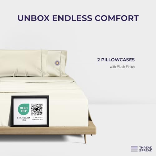 Image of THREAD SPREAD 100% Egyptian Cotton Pillow Cases Queen Size Set of 2 - Luxury 2000 Series Queen Pillow Cases (21 inch x 32 inch, Ivory), Soft Cooling Envelope Closure Hotel Quality Egyptian Cotton Pillowcases