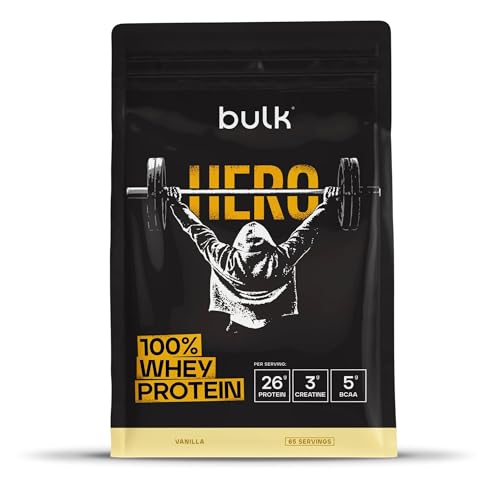 Bulk Hero Whey Proteína en Polvo | Vainilla | 65 Porciones | 26g Proteína + 3g Creatina | 5g BCAA | Bajo en Azúcar | Absorción Rápida | Aislado, Hidrolizado & Concentrado