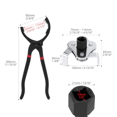 QWORK® zestaw kluczy do filtrów oleju, 30 cm regulowane szczypce do filtra oleju, 3-ramienny trzpień filtra oleju, do filtra oleju Ø 63-120 mm