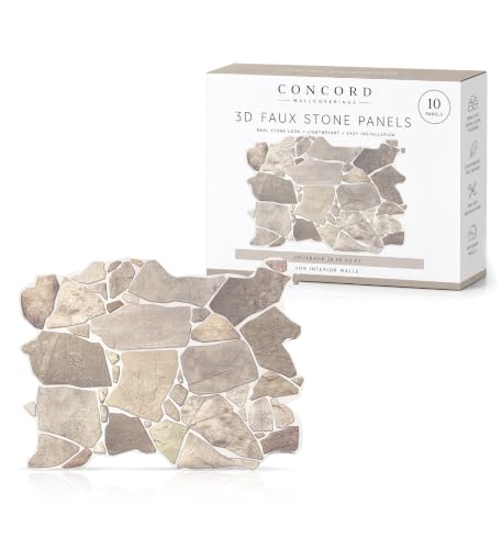 CONCORD WALLCOVERINGS ™ Retro-Art 3D Faux Stone Wall Panels, Pack of 10, Grey Beige Brown Wild Boulder, Lightweight PVC Sheets 17.5' x 23.75' (44.5cm x 60.3cm), Rock Tiles - Covers 28.86Sq Ft (2.7m2)