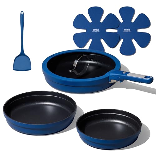 CAROTE 8Pcs Non Stick Frying Pans Set 3 Sizes(8,10,12 Inch), Kitchen Nonstick Skillets with Detachable Handle, Cooking Pan with lid, Oven Safe, Induction Cookware, Stackable Kitchen Set, Blue