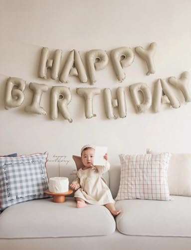 Image of Cream Happy Birthday Balloon Banner, 16 Inch Cream White Happy Birthday Foil Balloons, Neutral Beige Letter Balloons Sign for Women and Girls, HBD Party Decorations, Photo Backdrop Supplies