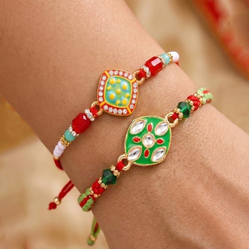 Image of Peora Rakhshabandhan Thread Rakhi for Brother Bhaiya | Kundan Beads & Crystal Studded | Combo Set of 2 | Rakhi Hamper Roli Chawal & Greeting Card