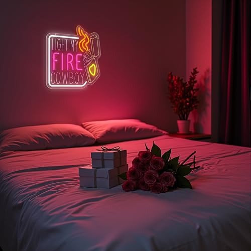 Image of LIGHT MY FIRE COWBOY Neon Sign, Valentine's Day Neon Signs for Wall Decor, Dimmable Acrylic Neon Lights for Room Bedroom Hotel Bar Pub Club Party Decorations, Perfect Gifts
