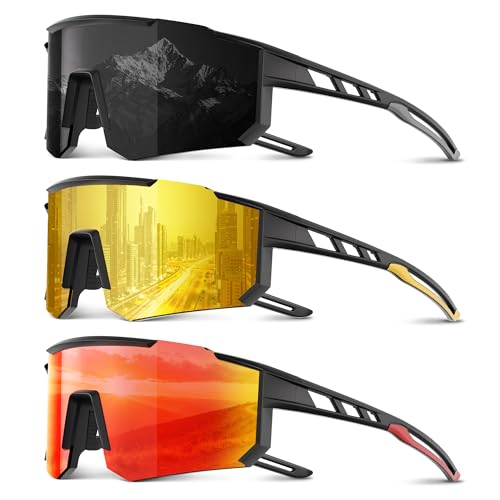 3 Pack Polarized Sports Sunglasses Men Women, Running Mens Sunglasses UV Protection for Baseball Cycling Fishing B01-red/Grey/Yellow