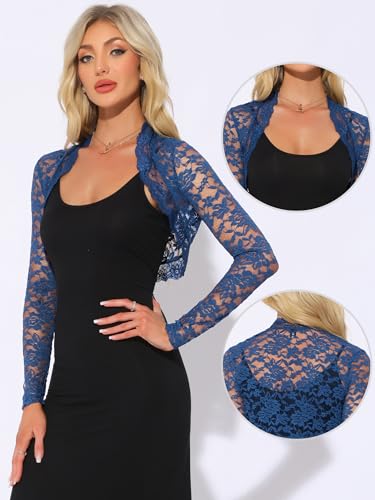 Allegra K Floral Lace Bolero Shrug for Women Elegant Long Sleeve Sheer Cropped Lace Cardigan Large Blue2