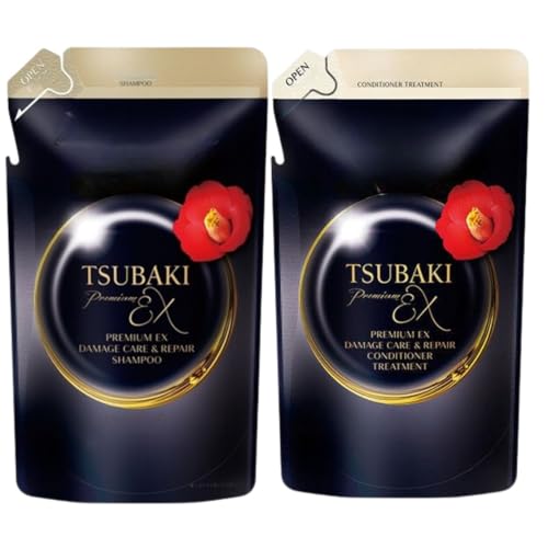 TSUBAKI Premium EX Damage Care & Repair Shampoo and Conditioner Treatment Refill Set, 10oz Each, with Camellia Seed Oil