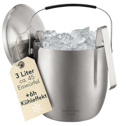 SILBERTHAL Eiswürfelbehälter Edelstahl 3L – Doppelwandig Isoliert – Eisbehälter mit Deckel & Zange – Eiskübel Ice Bucket für Cocktails, Wein, Sekt & Alkoholfreies – Weinkühler Flaschenkühler