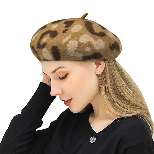 DOCILA Womens Fashion Winter Leopard Hats Stretchable French Style Brown Beret Beanie Wool Blend Artist Cap Boina Sombrero Gorra Femme (CamelLeopard)