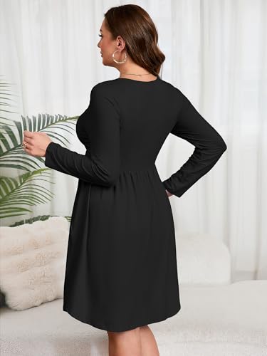 Image of AusLook Women's Plus Size Long Sleeve Midi Dress Casual Empire Waist Loose Flowy Dresses A-Line Boho Long Dress with Pockets
