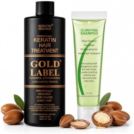 Gold Label 120ml+30 set Professional Results Brazilian Keratin Hair Treatment Blowout with Clarifying Shampoo Enhanced for All Hair Types Coarse Curly Black African Dominican Brazilian Dry Frizzy