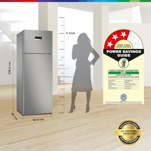 Image of Bosch 243L 3 Star Inverter Frost free Double Door Refrigerator (CTC27S031I, 6-in-1 Convertible, 18 Hours Cooling Retention, Digital Display, Super Freeze, 80min Convert,Shiny Silver)