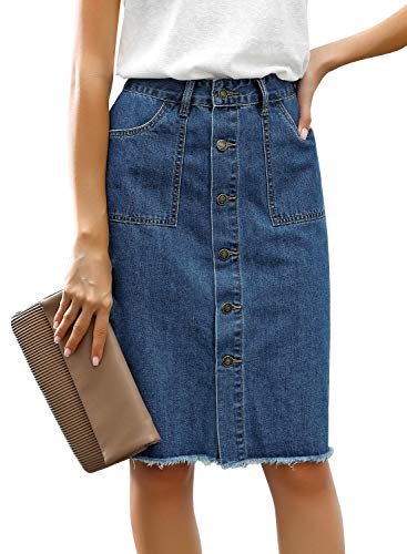luvamia Women s Casual Mid Waisted Button Down Frayed Raw Hem Relaxed Fit Denim Jean Skirt Denim Jean Blue Size Medium