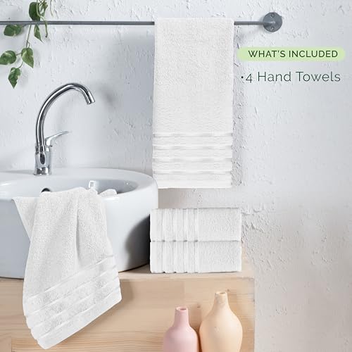 Image of Elegant Comfort 100% Turkish Cotton 4 Lines Viscose Stripe Luxury 4 Pack Hand Towel Set - Ultra Absorbent and Soft 16 x 28 Inch Premium Hotel Spa Quality Towels for Everyday Bath Use, White