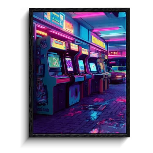 Retro Arcade Wall Art, neon arcade machines, cyberpunk wall decor, matte finish framed canvas print, gaming poster artwork, for game room gift, 12x15 inch